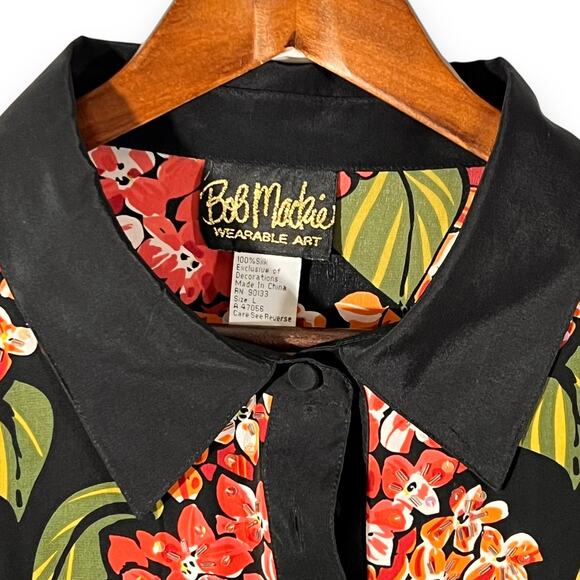 Bob Mackie Wearable Art Silk Blouse Black Floral Large - Picture 5 of 11